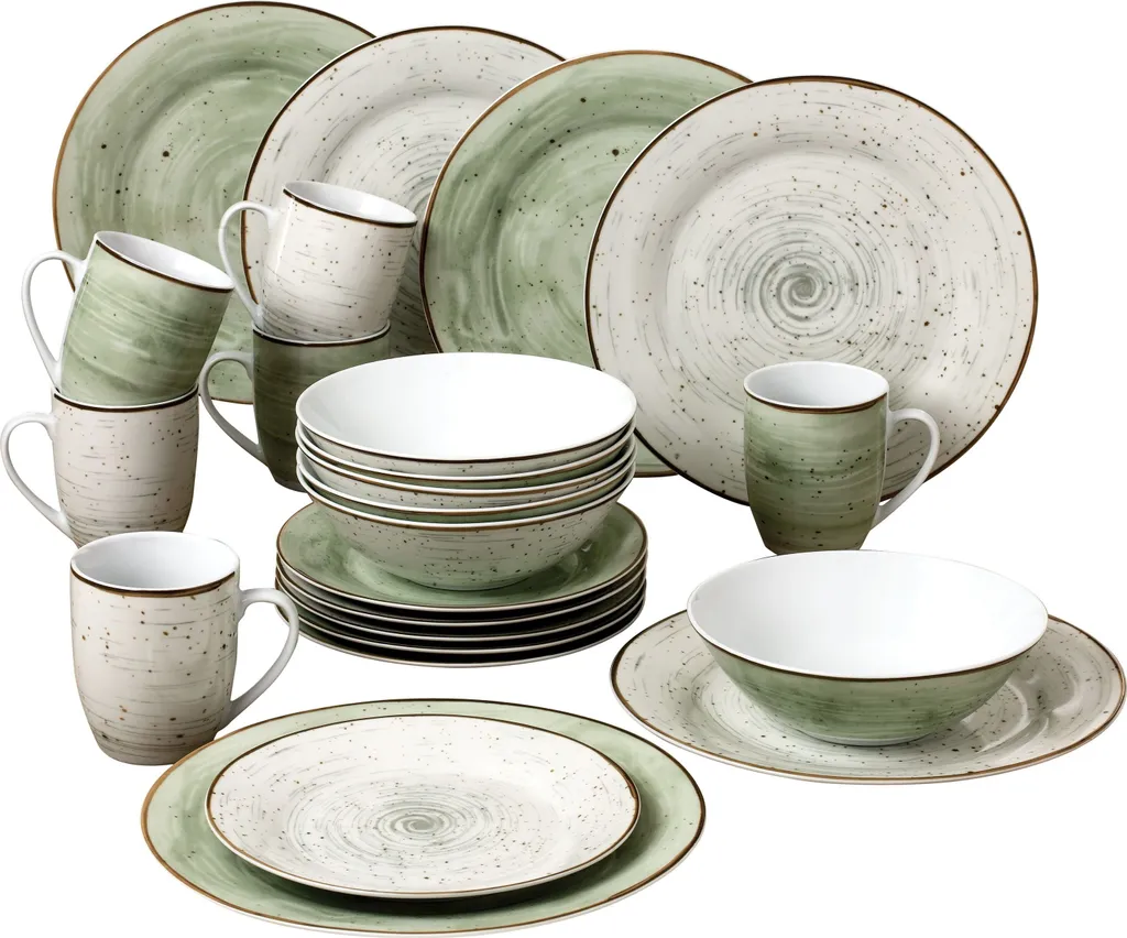 24tlg. Kombiservice Pur 6Pers Kaffeebecher Müslischale Kuchenteller + Speiseteller Flach Porzellan