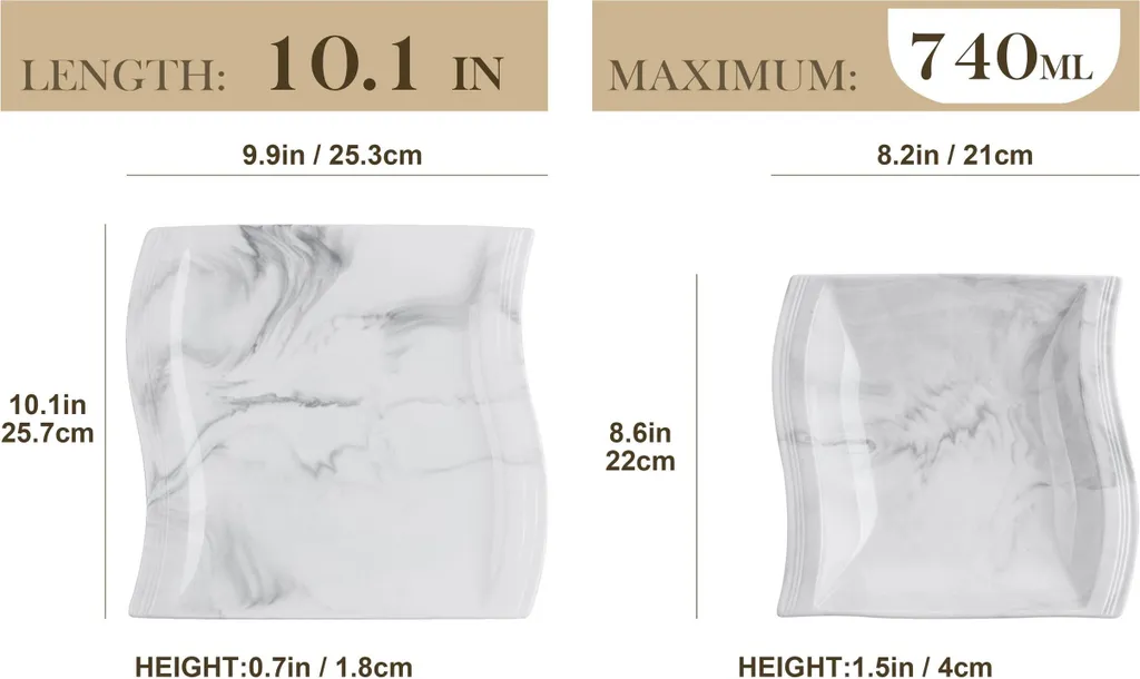 MALACASA, Serie Flora, Marmor Porzellan Tafelservice 24 Teiligen Set Kombiservice Geschirrset Mit 12 Speiseteller Und 12 Suppenteller Für 12 Personen – Bild 2