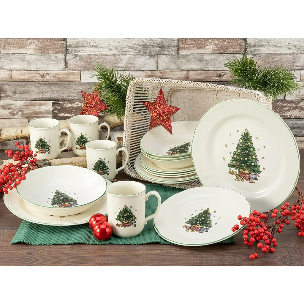 CreaTable 14959 Kombiservice Tannenbaum Für 4 Personen, Steingut, Creme/grün (1 Set, 16-teilig) – Bild 2
