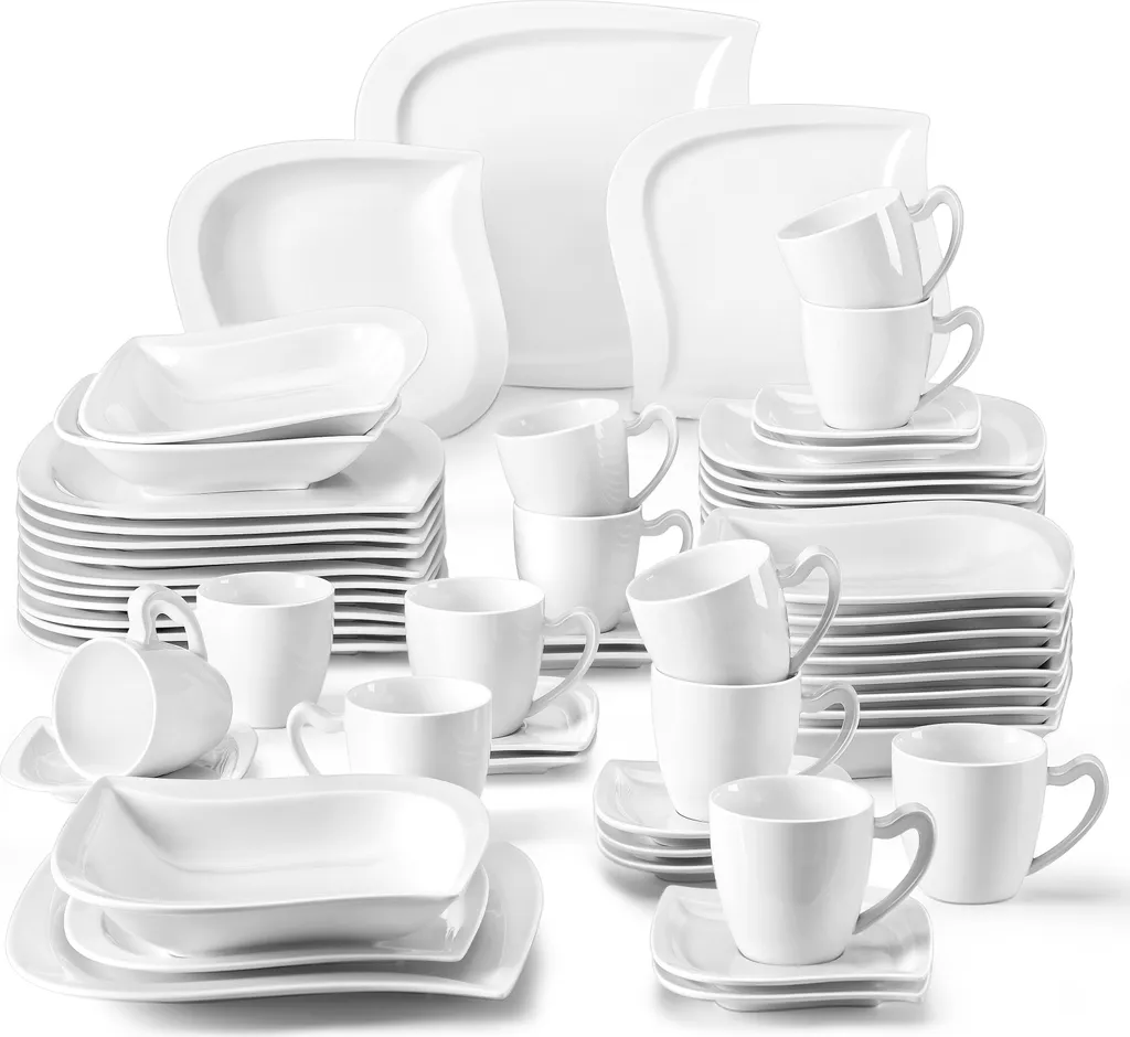 MALACASA, Serie Elvira, 60 Tlg. Cremeweiß Porzellan Geschirrset Kombiservice Tafelservice Mit Tassen, Untertassen, Dessertteller, Suppenteller Und Flachteller Für 12 Person