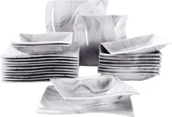 MALACASA, Serie Flora, Marmor Porzellan Tafelservice 24 Teiligen Set Kombiservice Geschirrset Mit 12 Speiseteller Und 12 Suppenteller Für 12 Personen