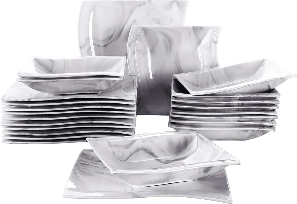 MALACASA, Serie Flora, Marmor Porzellan Tafelservice 24 Teiligen Set Kombiservice Geschirrset Mit 12 Speiseteller Und 12 Suppenteller Für 12 Personen