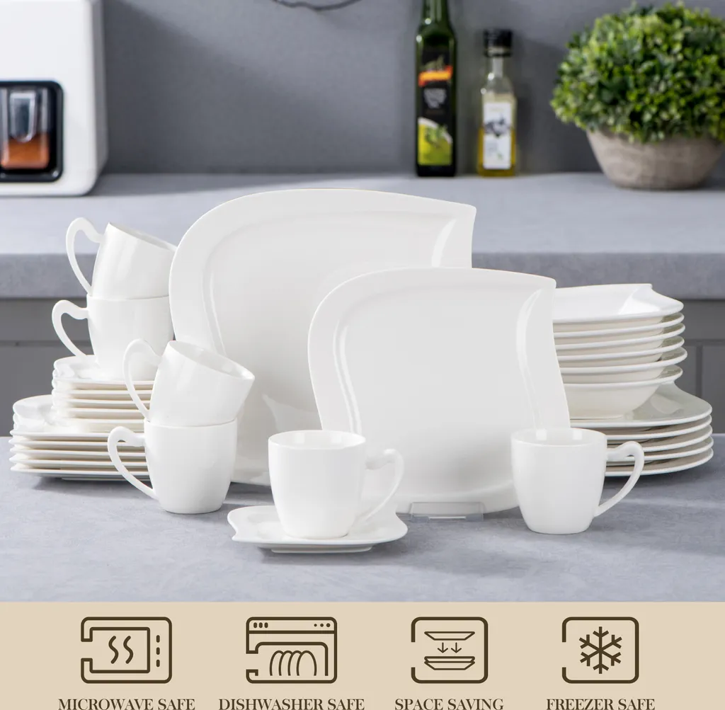 MALACASA, Serie Elvira, 60 Tlg. Cremeweiß Porzellan Geschirrset Kombiservice Tafelservice Mit Tassen, Untertassen, Dessertteller, Suppenteller Und Flachteller Für 12 Person – Bild 3