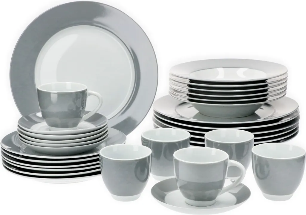 Van Well Kombiservice 30-tlg. Für 6 Personen Serie Vario Porzellan - Farbe Wählbar, Farbe:grau