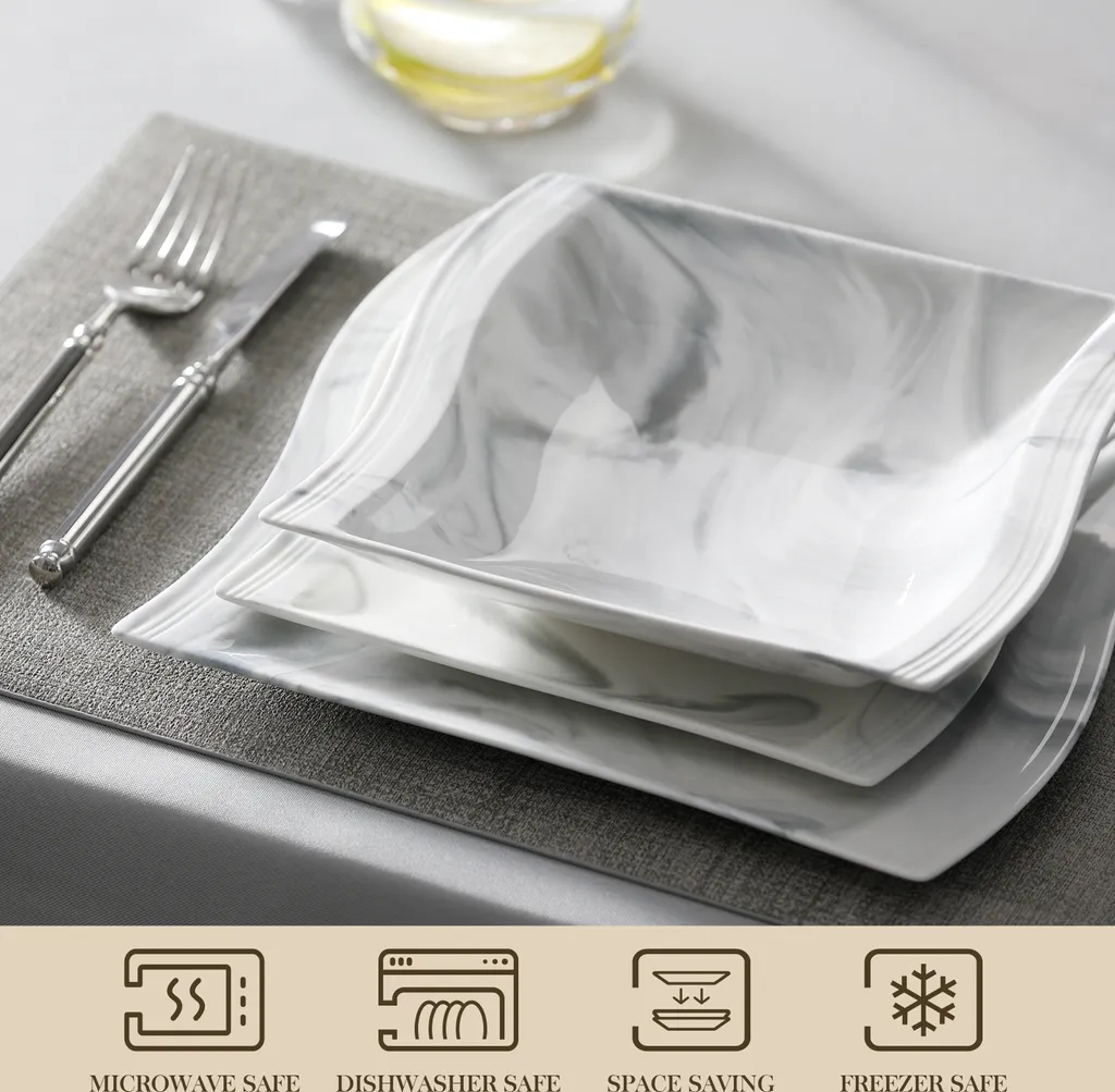 MALACASA, Serie Flora, 30 Tlg. Marmor Porzellan Geschirrset Kombiservice Tafelservice Mit Je 6 Kaffeetassen, 6 Untertassen, 6 Dessertteller, 6 Suppenteller Und 6 Flachteller – Bild 3