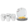 Frühstücksset Palazzo 12tlg. - 6 Teller á 19cm Und 6 Becher á 33cl Aus Weißem Porzellan MitNachbildung-Kreisen In Grau Und Dunkelrot - Für 6 Personen