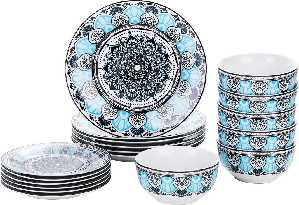 Tafelservice VEWEET, 18 Teiliges Geschirrset Aus Porzellan, AUDRIE Serie, Mit Je 6 Müslischale, Dessertteller Und Flachteller Für 6 Personen