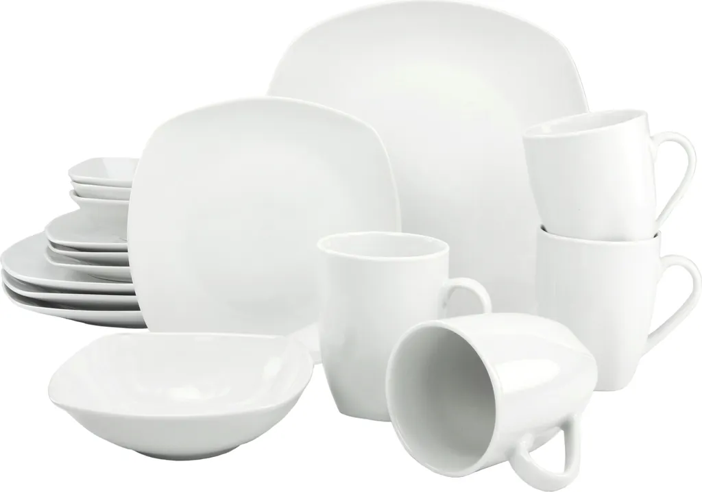 CreaTable 13915 Kombiservice Square Für 4 Personen, Porzellan, Weiß (1 Set, 16-teilig)
