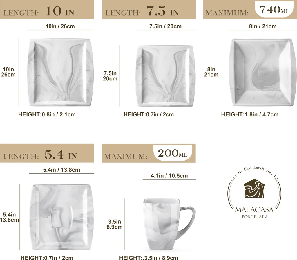 MALACASA, Serie Blance, Kombiservice 30 Tlg. Marmor Porzellan Geschirrset Eckig Tafelservice Mit 180 Ml Kaffeetassen, Untertassen, Dessertteller, Tiefteller Und Flachteller – Bild 2