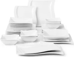 MALACASA, Serie Flora, 26 Tlg. Cremeweiß Porzellan Geschirrset Kombiservice Tafelservice Mit 6 Schalen, 6 Dessertteller, 6 Suppenteller, 6 Speiseteller Und 2 Rechteckigen Platten