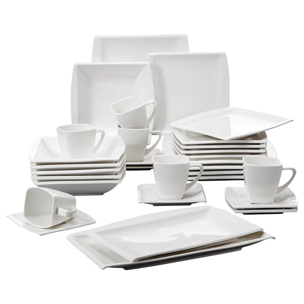 MALACASA 32 Tlg. Kombiservice, Serie BLANCE Cremeweiß Porzellan Geschirrset Mit Servierplatte