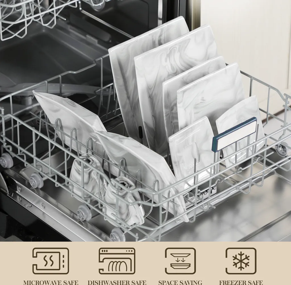 MALACASA, Serie Blance, Kombiservice 30 Tlg. Marmor Porzellan Geschirrset Eckig Tafelservice Mit 180 Ml Kaffeetassen, Untertassen, Dessertteller, Tiefteller Und Flachteller – Bild 3