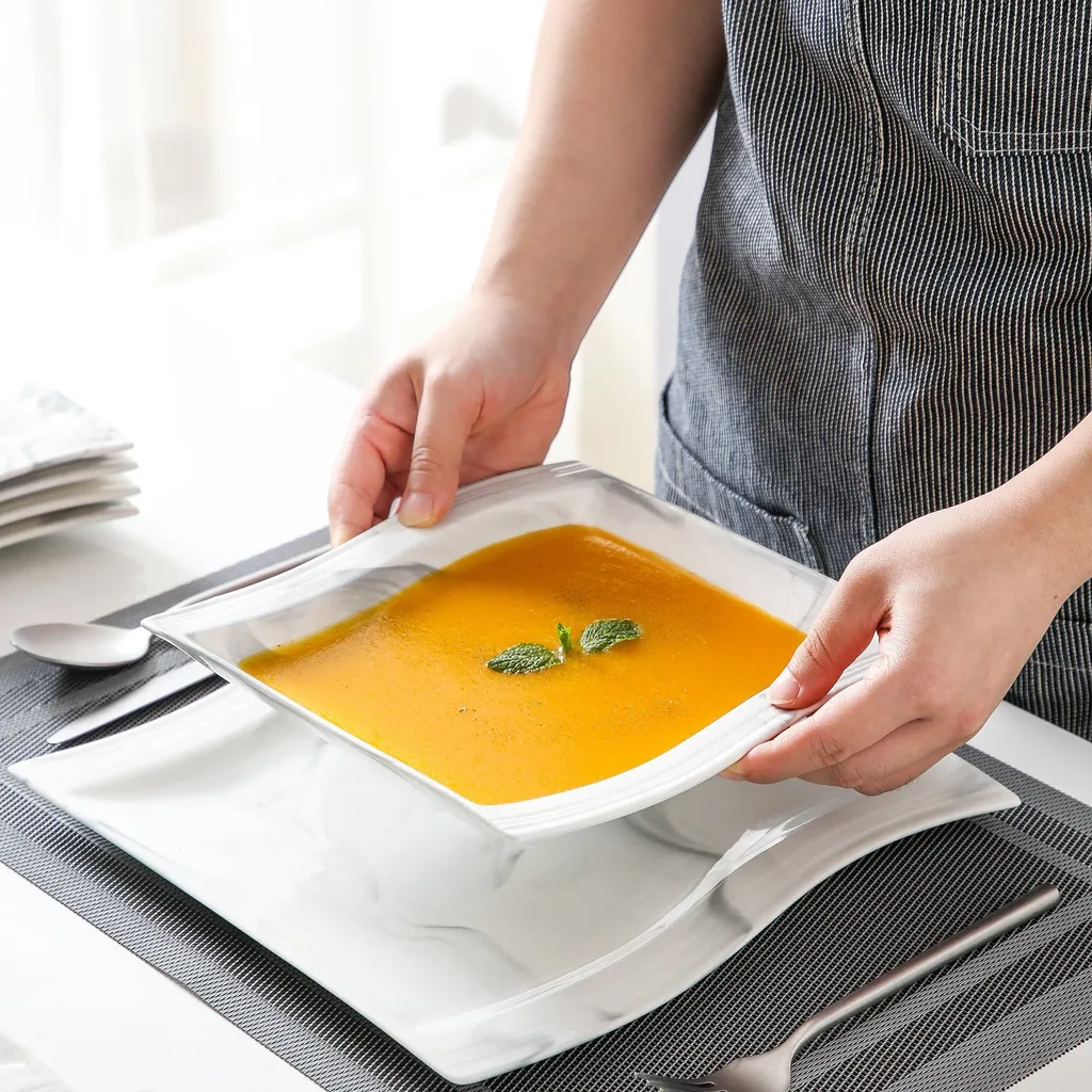 MALACASA, Serie Flora, Marmor Porzellan Tafelservice 24 Teiligen Set Kombiservice Geschirrset Mit 12 Speiseteller Und 12 Suppenteller Für 12 Personen – Bild 4