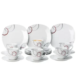 Kaffeeservice Palazzo 18tlg. - Weiß MitNachbildung-Kreisen In Grau Und Dunkelrot - Für 6 Personen