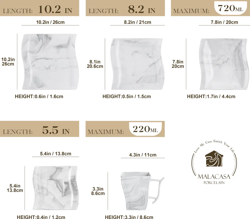 MALACASA, Serie Flora, 30 Tlg. Marmor Porzellan Geschirrset Kombiservice Tafelservice Mit Je 6 Kaffeetassen, 6 Untertassen, 6 Dessertteller, 6 Suppenteller Und 6 Flachteller – Bild 2