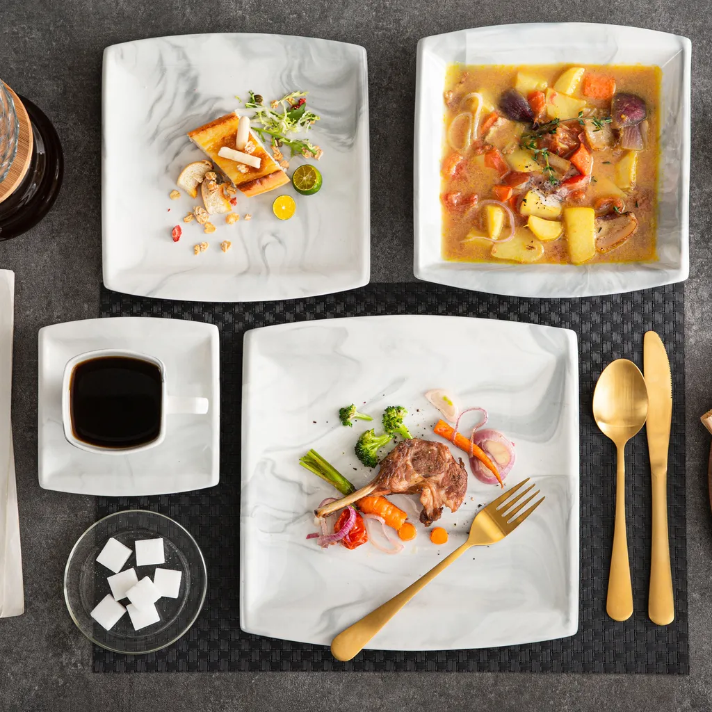 MALACASA, Serie Blance, Kombiservice 30 Tlg. Marmor Porzellan Geschirrset Eckig Tafelservice Mit 180 Ml Kaffeetassen, Untertassen, Dessertteller, Tiefteller Und Flachteller – Bild 7