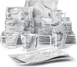 MALACASA, Serie Flora, 32 Tlg. Marmor Porzellan Geschirrset Kombiservice Tafelservice Mit 6 Schalen, 6 Dessertteller, 6 Suppenteller, 6 Speiseteller, 6 Becher Und 2 Rechteckige Servierplatte