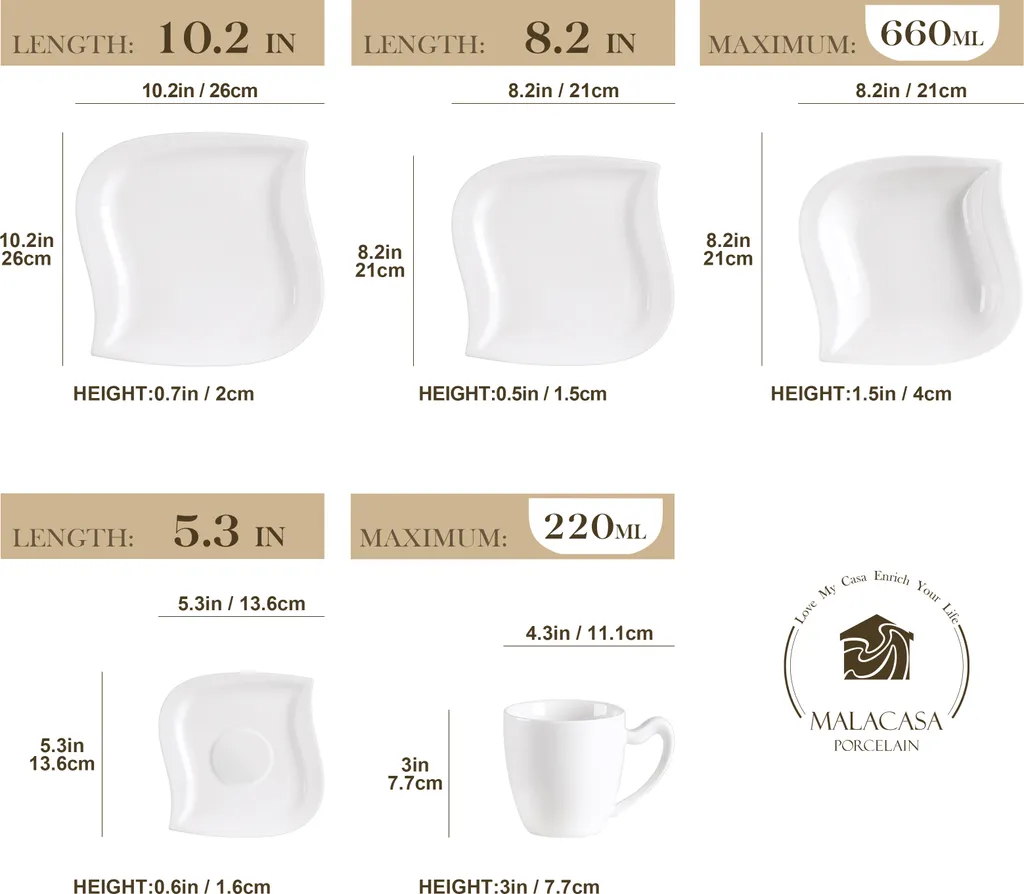 MALACASA, Serie Elvira, 60 Tlg. Cremeweiß Porzellan Geschirrset Kombiservice Tafelservice Mit Tassen, Untertassen, Dessertteller, Suppenteller Und Flachteller Für 12 Person – Bild 2