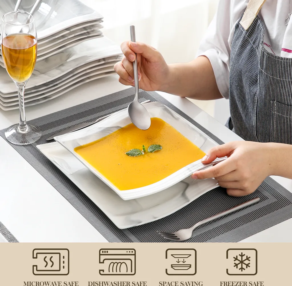 MALACASA, Serie Flora, Marmor Porzellan Tafelservice 24 Teiligen Set Kombiservice Geschirrset Mit 12 Speiseteller Und 12 Suppenteller Für 12 Personen – Bild 3