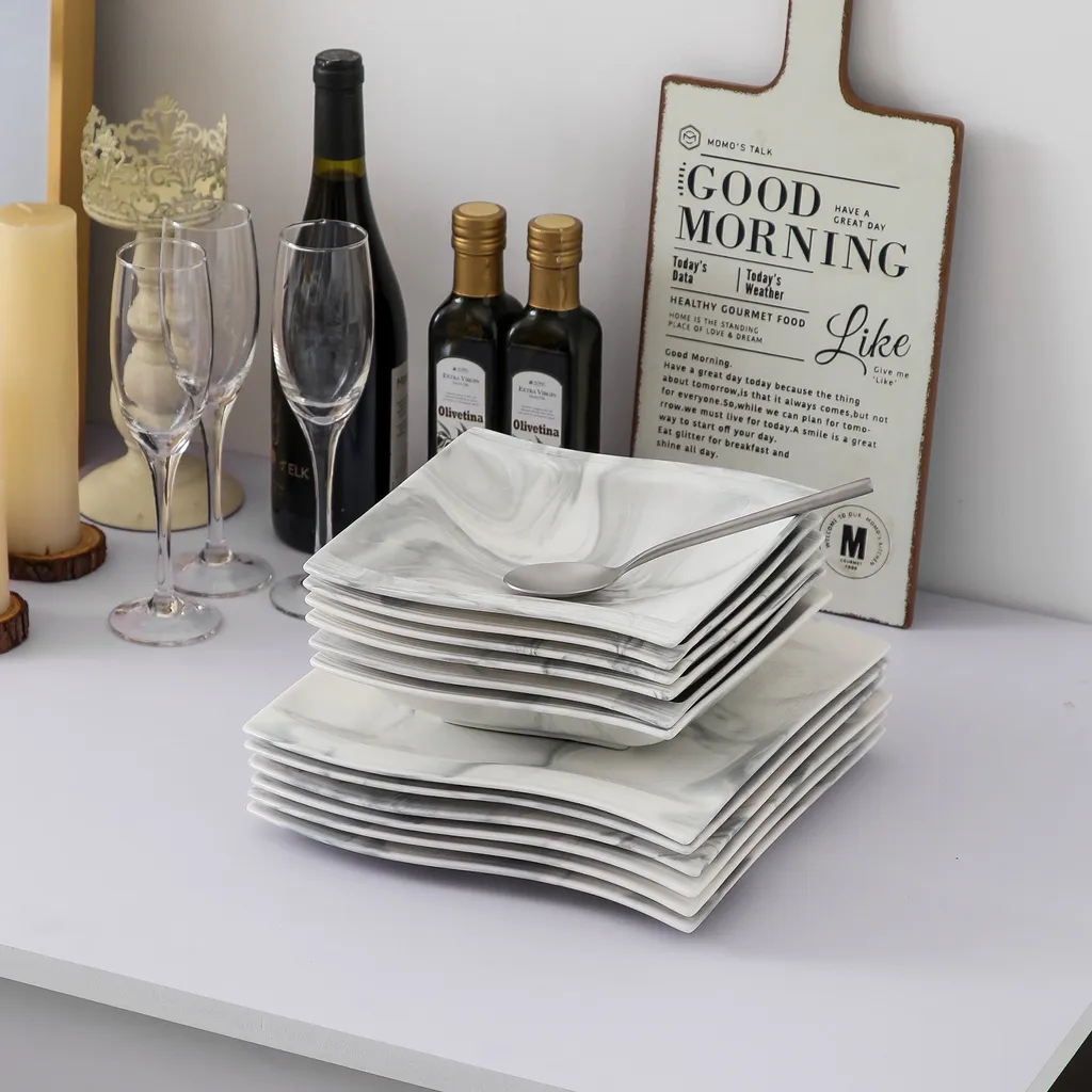 MALACASA, Serie Flora, Marmor Porzellan Tafelservice 24 Teiligen Set Kombiservice Geschirrset Mit 12 Speiseteller Und 12 Suppenteller Für 12 Personen – Bild 7