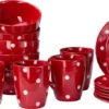 Emily 18tlg Frühstücksset 6 Personen Rot Weiße Punkte Teller Kaffeebecher Schalen Geschirrset